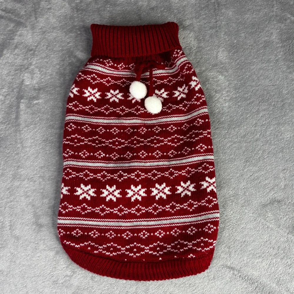 Dog Sweater Small Red Fair Isle Snowflake Holiday Pom Pom Turtleneck Christmas